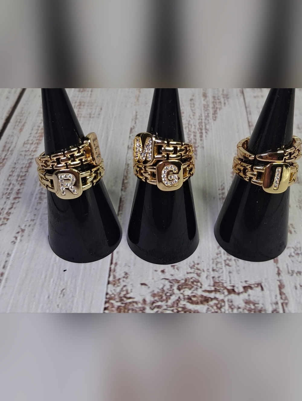 Initial Ring Adjustable Gold Tone Rhinestone Unisex - Letter R